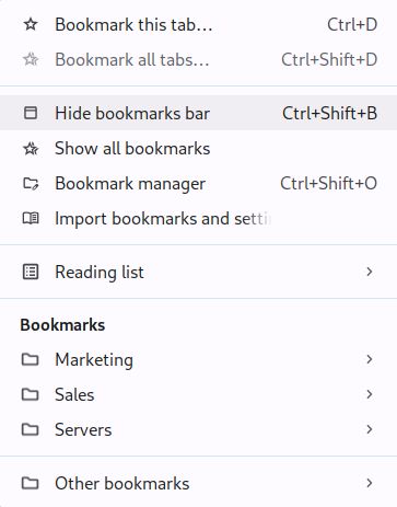 A screenshot showing the bookmarks and list Google Chrome sub-menu with the hide bookmark bar option