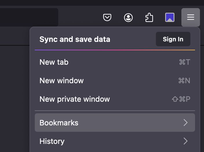 Close up screenshot of the Firefox settings drop-down menu opened with the Bookmarks option selected