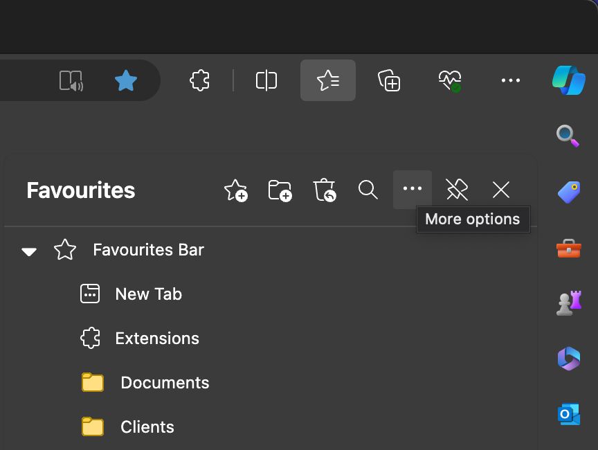 Screenshot of Microsoft Edge with the Favourites menu open with the More Options button selected