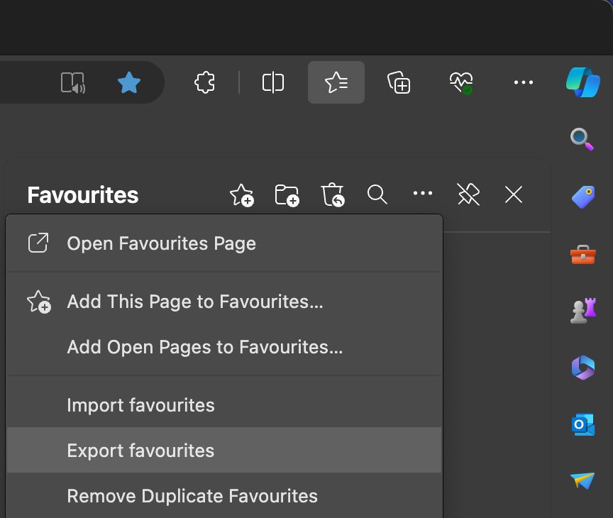 Screenshot of Microsoft Edge showing the More Options drop down of the Favourites menu open with the Export favourites option selected
