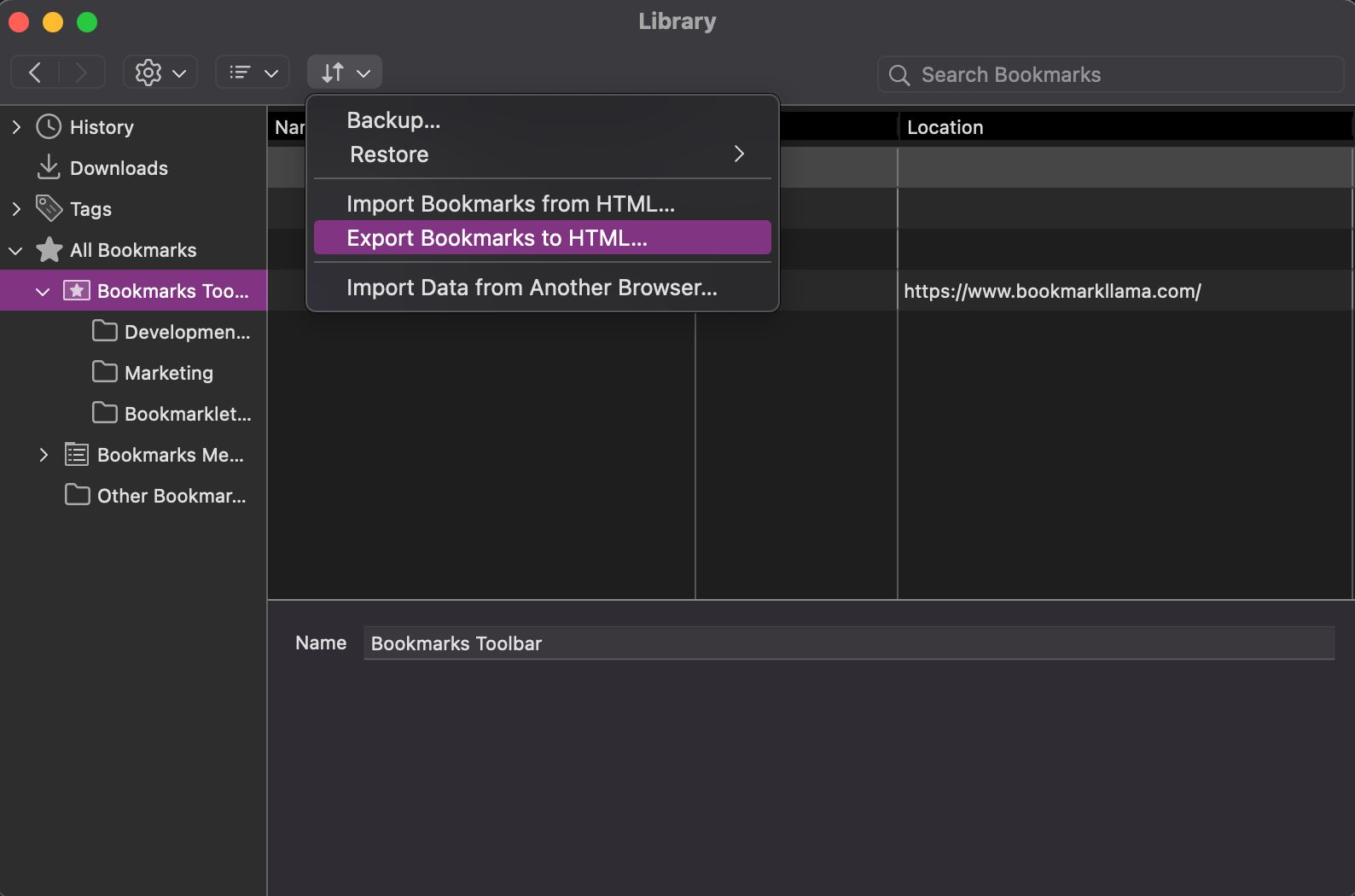A screenshot of the Firefox bookmarks manager, with the import and export drop-down menu open with the Export Bookmarks to HTML option selected.