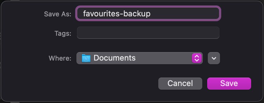 Screenshot of the export favourites dialog