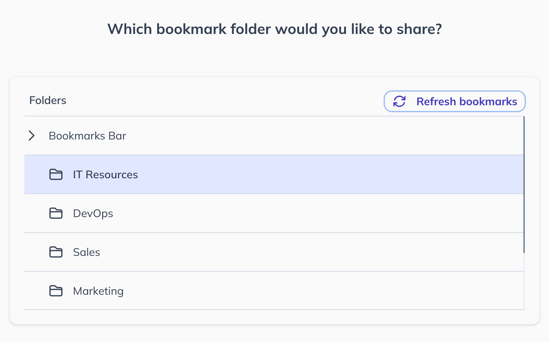 Screenshot of Bookmark Llama folder selector, with a folder named IT Resources selected