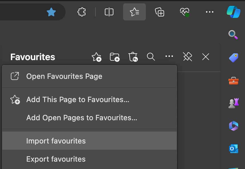 Screenshot of Microsoft Edges Import favourites option highlighted