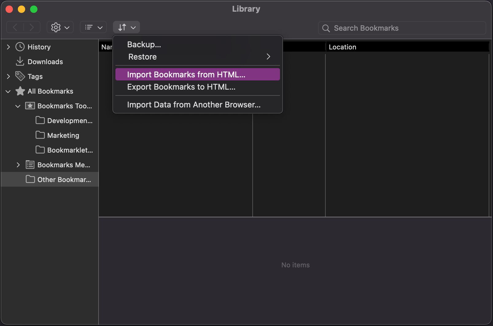 Screenshot of firefox bookmark manager with import bookmarks option selected