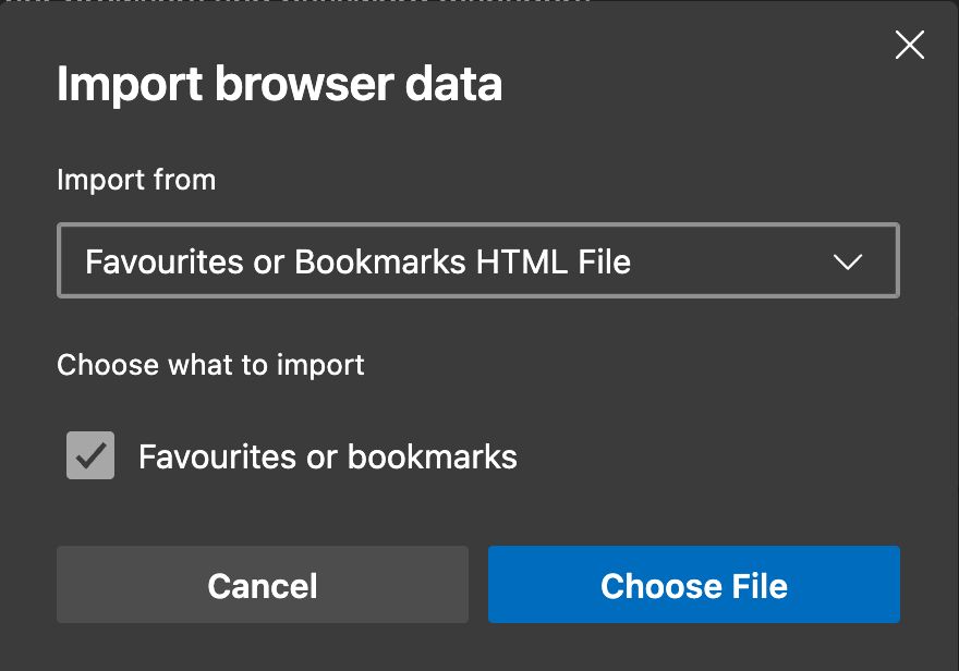 Screenshot of Microsoft Edge import favourites from a file dialog open 