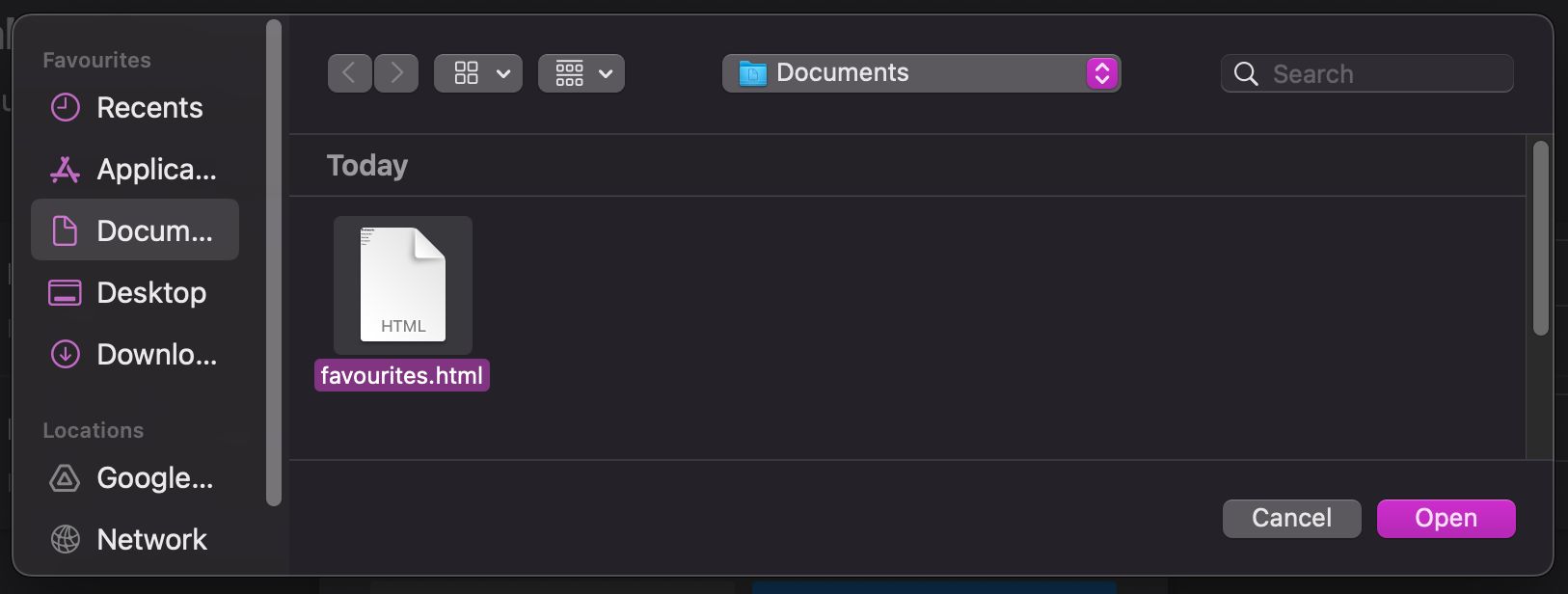 Screenshot of Microsoft Edges import favourites file dialog open with a previously exported set of favourites selected