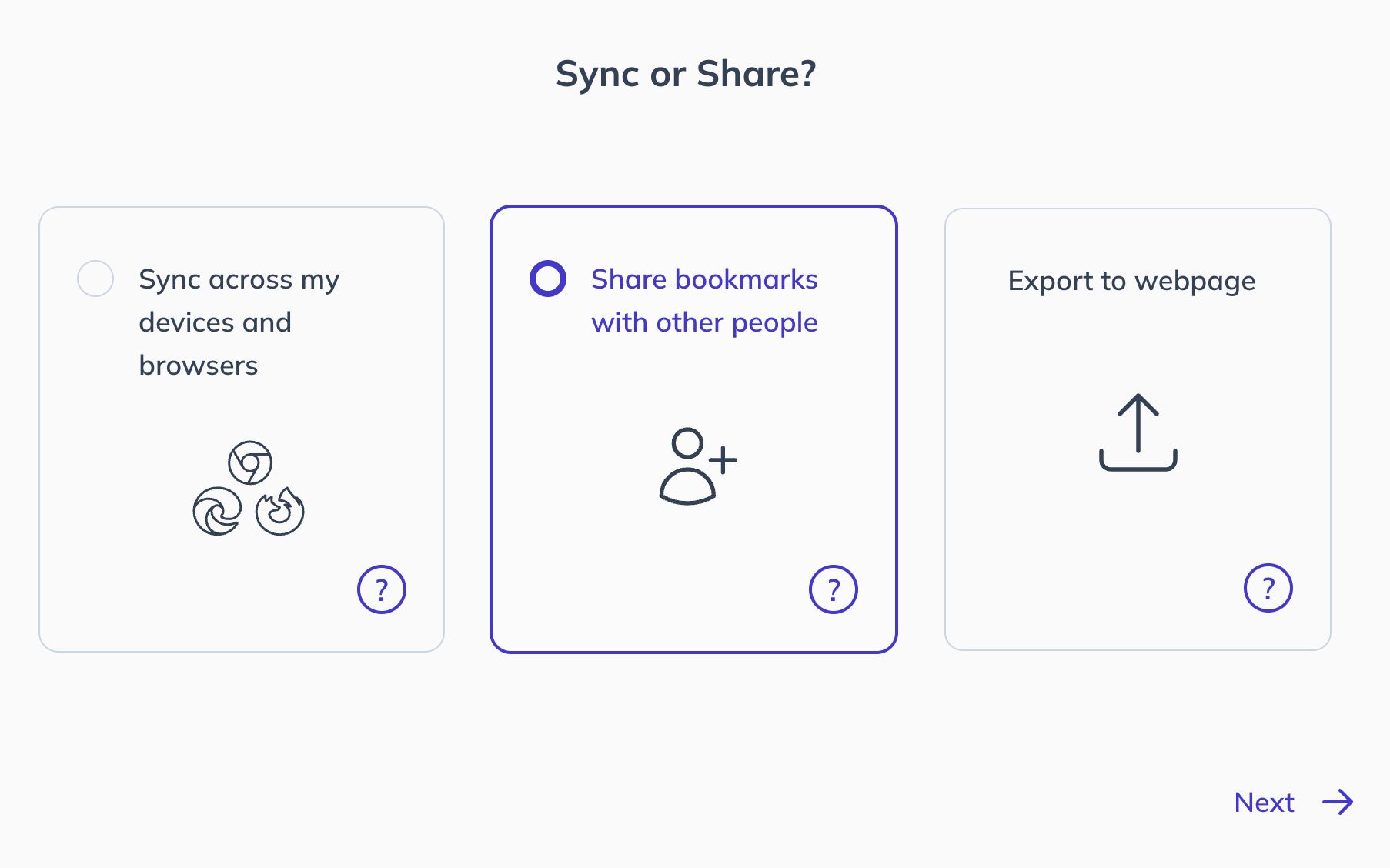 A screenshot of Bookmark Llamas share options with share with others as the selected option
