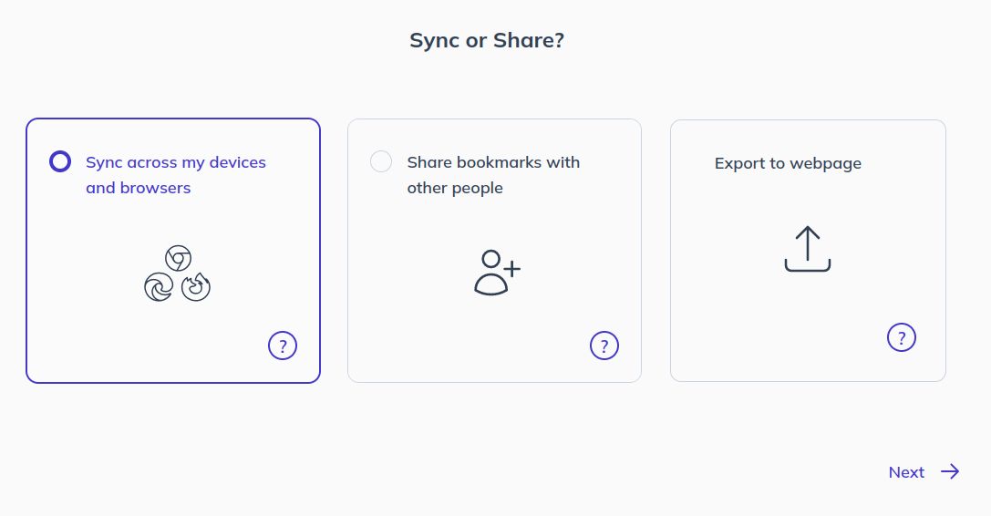Screenshot of Bookmark Llama Sync or Share options, with Sync selected