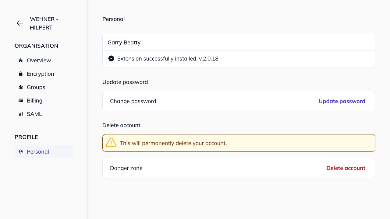 Danger zone with delete account button
