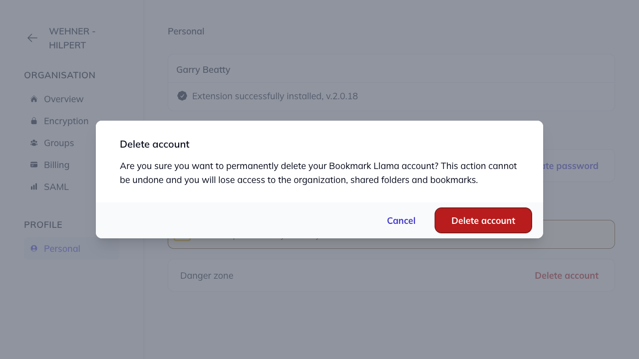 Delete account modal