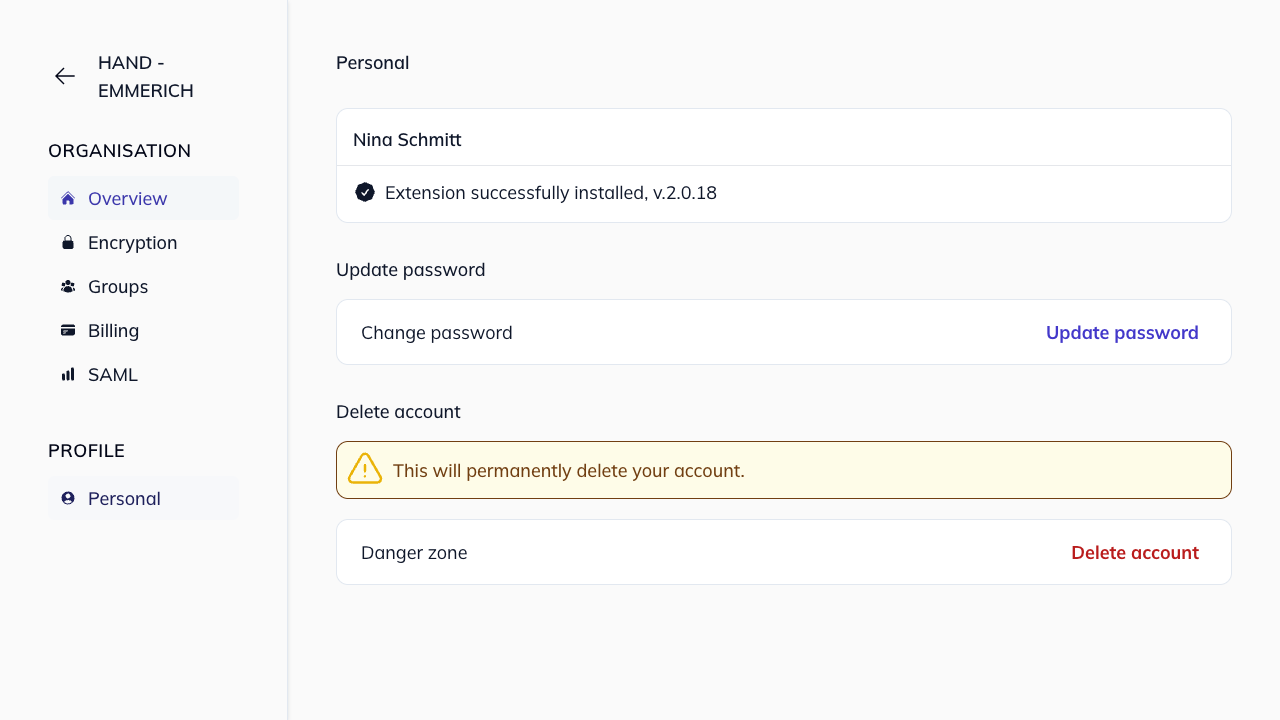 Personal settings page showing Update password section