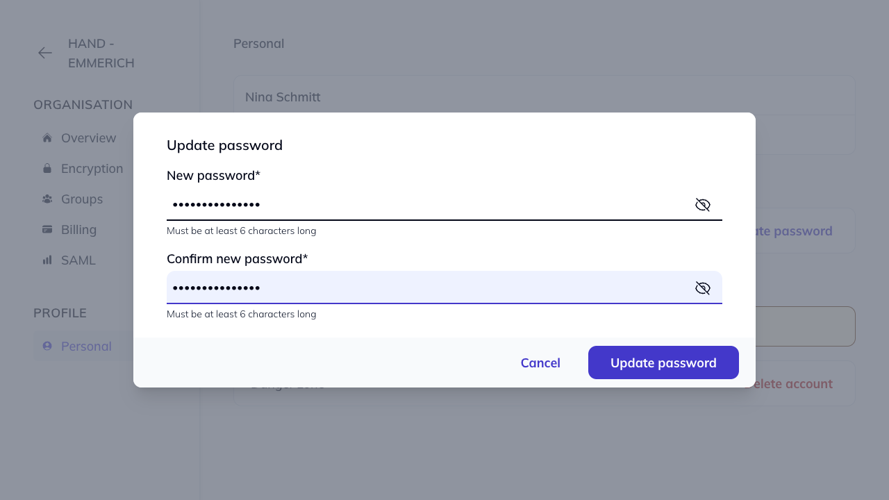 Update password modal with fields filled