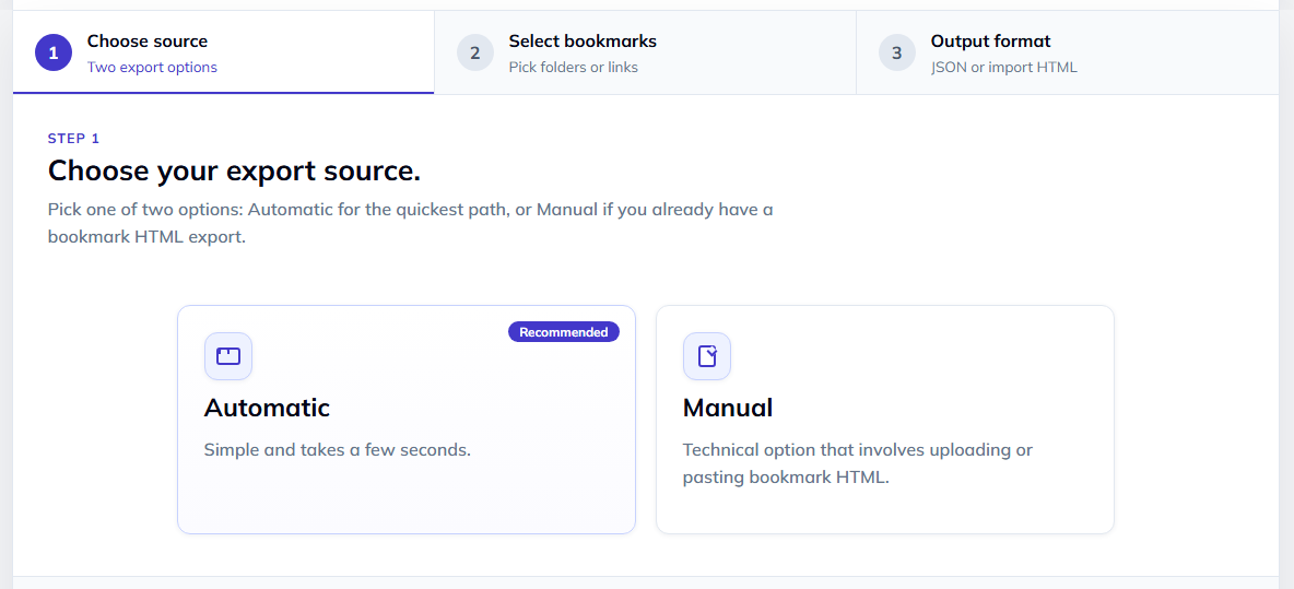 Bookmark Llama Bookmark Exporter source selection screen with the Automatic export option selected above the Manual upload option, showing that the tool can connect to browser bookmarks through the extension