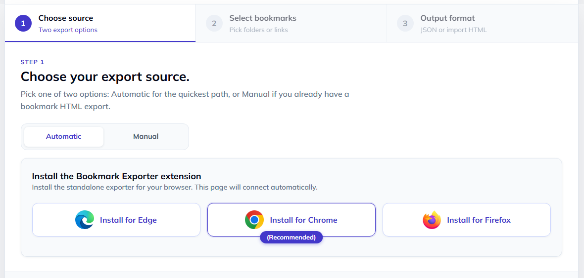 Bookmark Exporter connection screen waiting for the extension app, with install buttons for Edge, Chrome, and Firefox and Chrome shown as the recommended browser option
