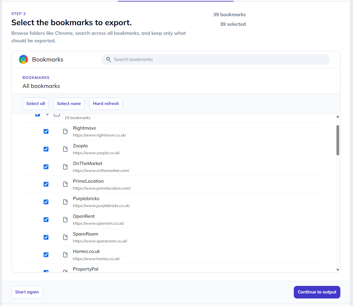 Bookmark Exporter bookmark selection screen showing a Chrome bookmark tree with folders expanded, checkboxes selected beside folders and individual bookmarks, and controls to select all, select none, or hard refresh the bookmark list