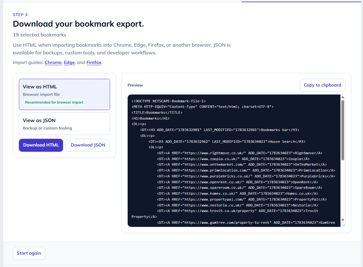 Bookmark Exporter output screen showing the selected bookmarks ready to export, with View as HTML selected and download options for an HTML bookmark file or JSON data