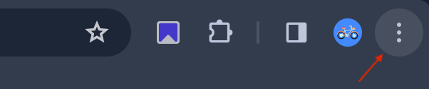 Google Chrome browser window with the three-dot menu button in the top-right corner highlighted by an arrow, showing where to open the main Chrome menu before exporting bookmarks
