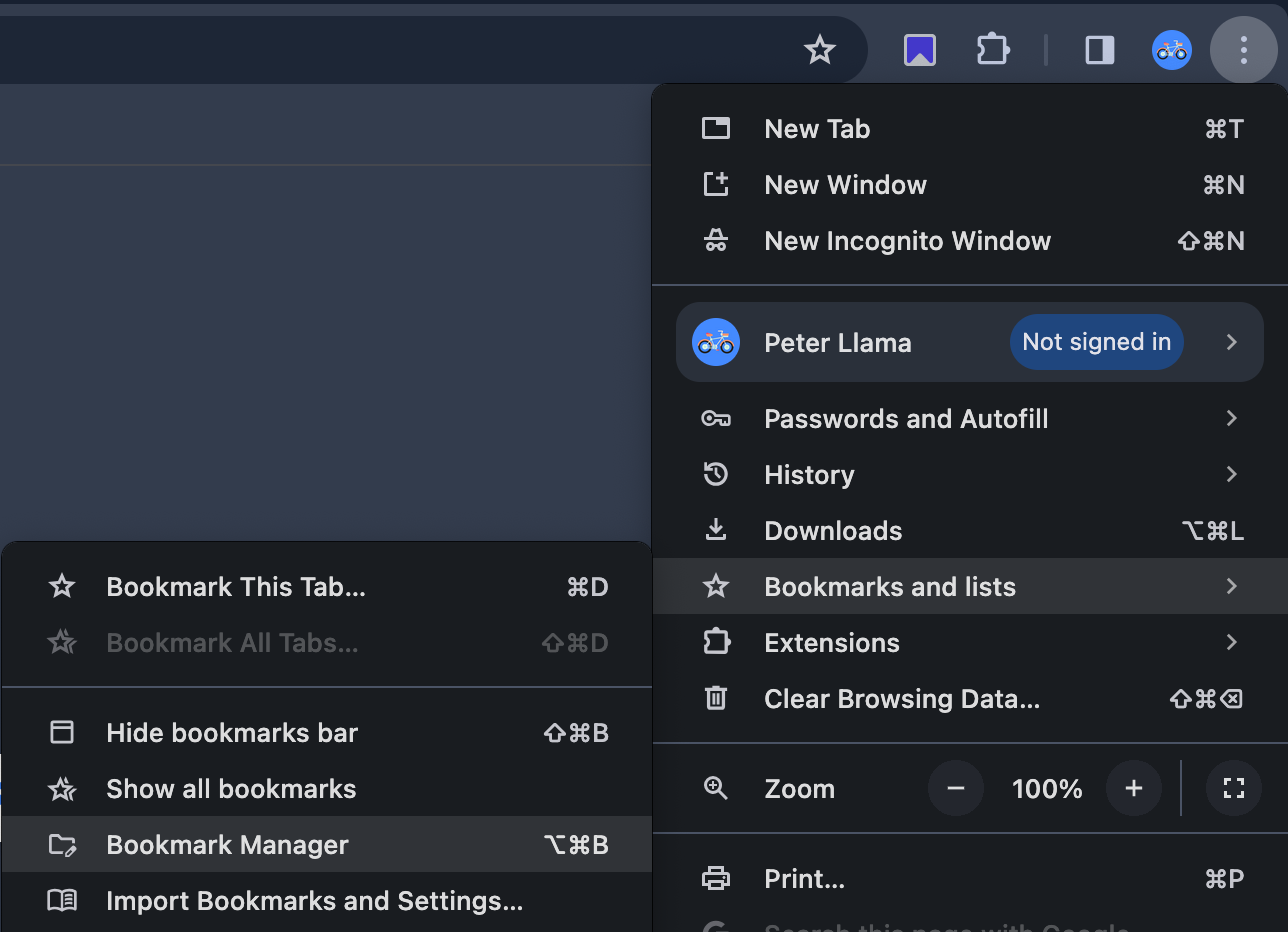 Google Chrome main menu open with the Bookmarks submenu expanded and Bookmark Manager visible, showing the menu path used to open Chrome's bookmark management screen