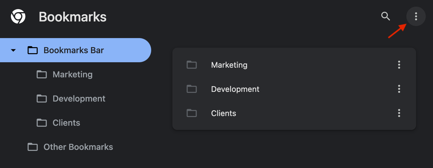 Google Chrome Bookmark Manager page with the secondary three-dot menu in the top-right of the Bookmark Manager highlighted by an arrow, showing where to open bookmark export options