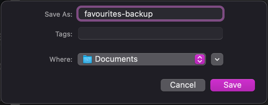 Screenshot of the export favourites dialog