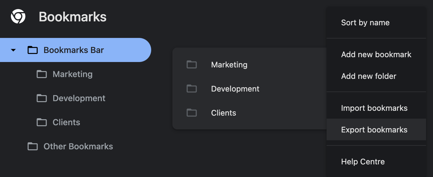 Google Chrome Bookmark Manager overflow menu open with the Export bookmarks option visible, showing the command used to download all Chrome bookmarks as an HTML file