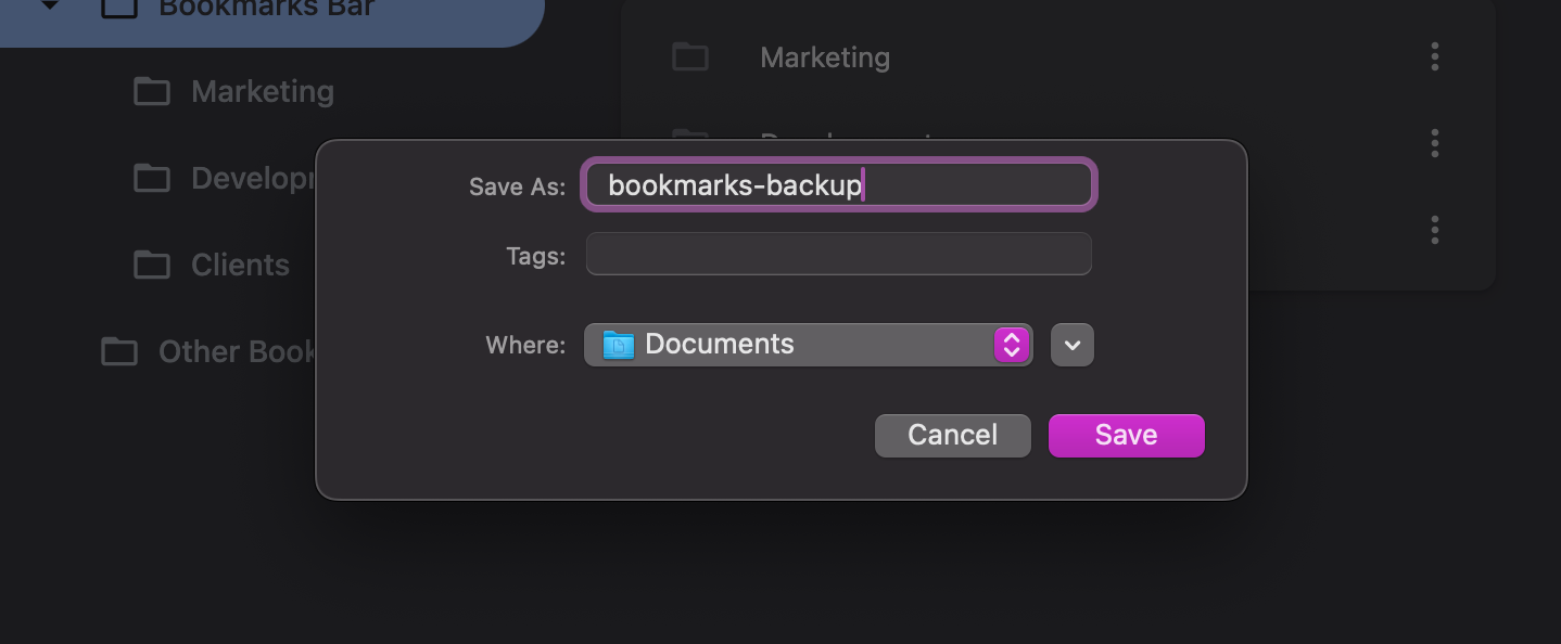 Chrome bookmark export save dialog showing an HTML bookmarks file being saved to the computer, with the file name field, destination folder, and Save button visible