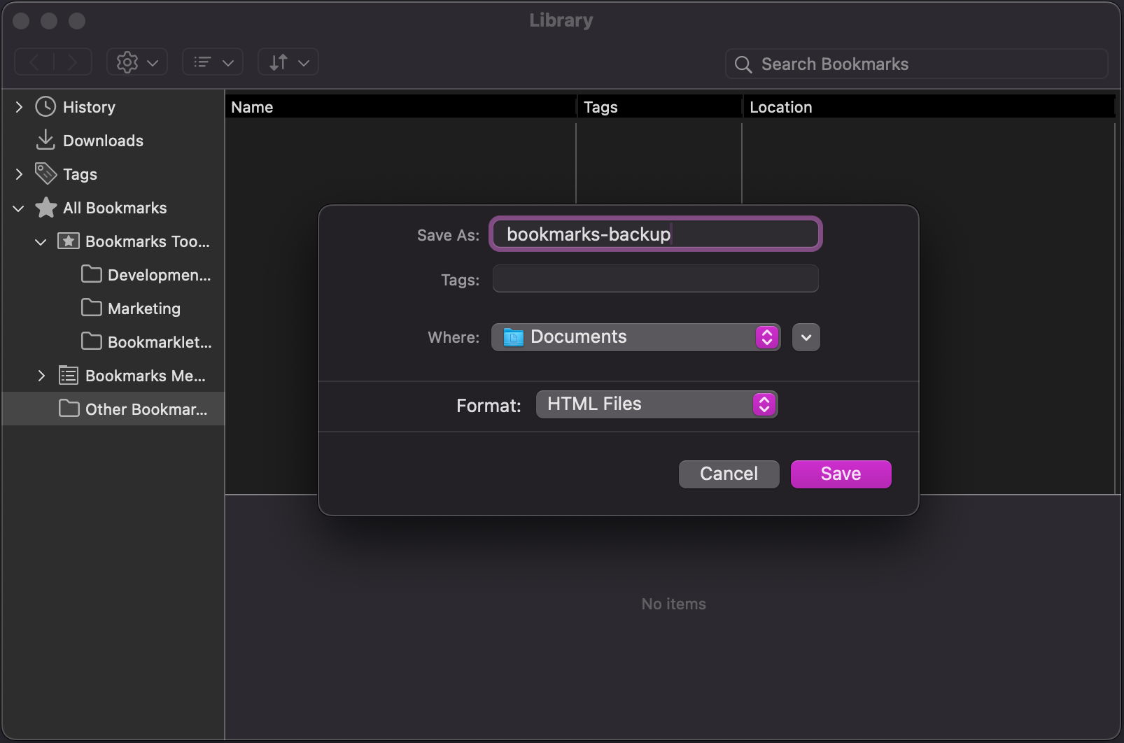 A screenshot of the Firefox bookmark manager, with the export bookmarks modal open.