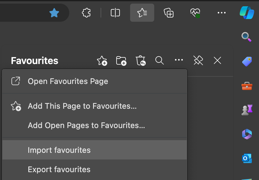 Screenshot of Microsoft Edges Import favourites option highlighted