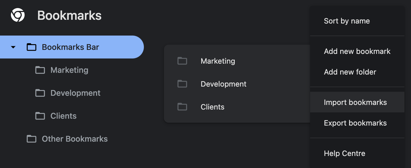 Google Chrome Bookmark Manager overflow menu open with the Import bookmarks option visible, showing the command used to restore bookmarks from an HTML file