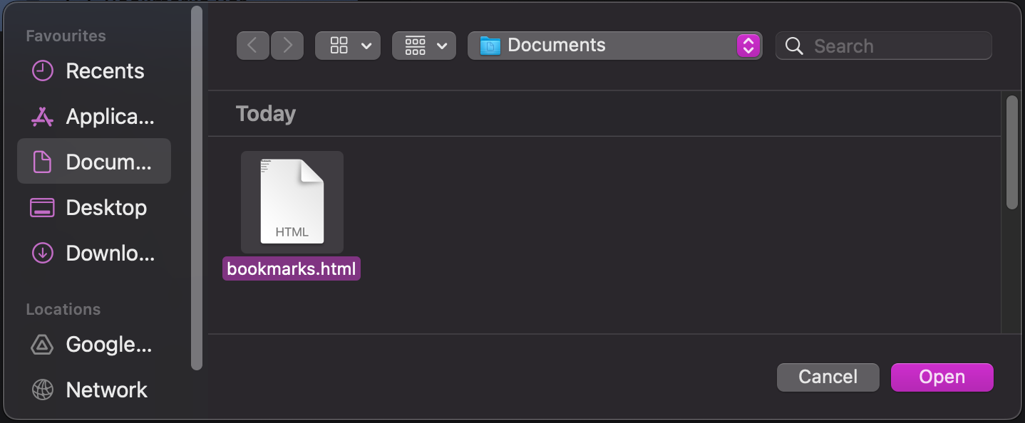 Chrome file picker dialog for importing bookmarks, showing an HTML bookmarks file selected and the Open button used to add the saved bookmarks back into Chrome