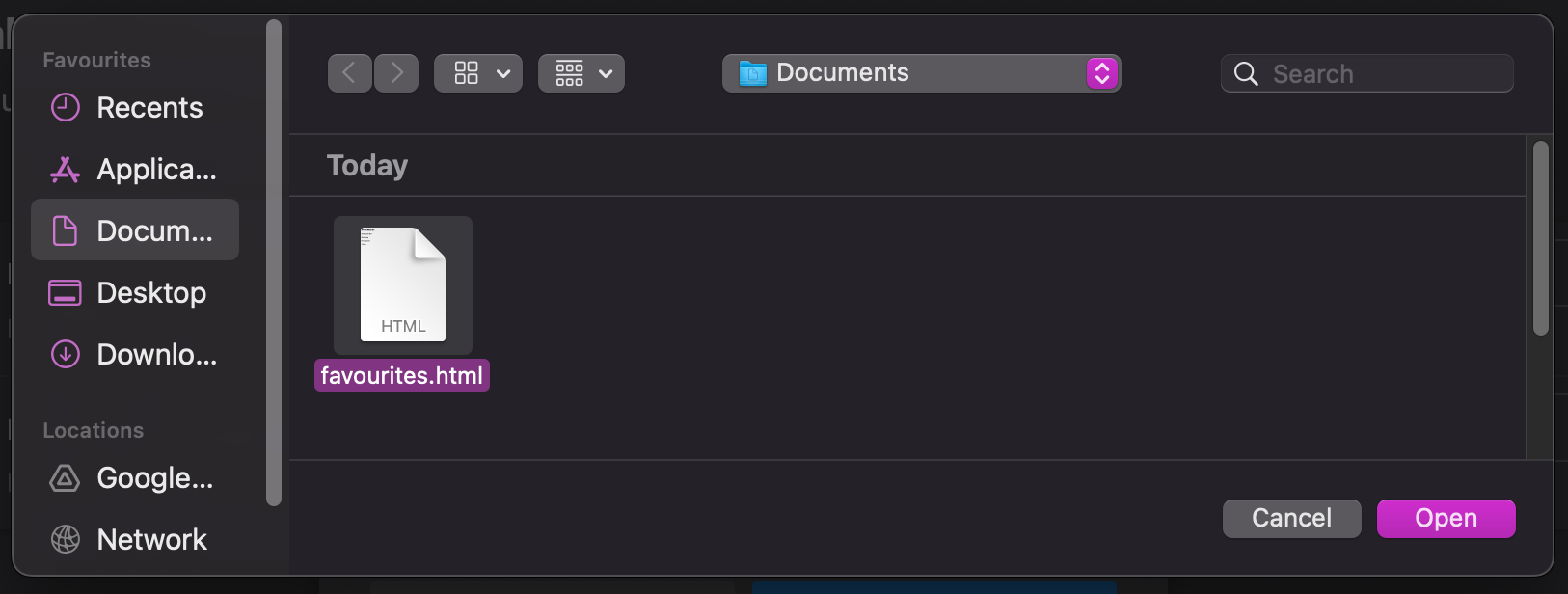 Screenshot of Microsoft Edges import favourites file dialog open with a previously exported set of favourites selected