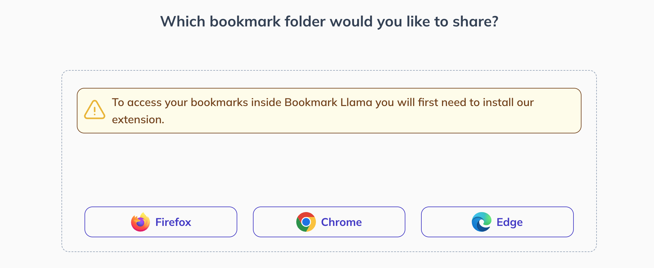 A screenshot of Bookmark Llamas Bookmark folder selector with a warning that the browser extension must first be installed