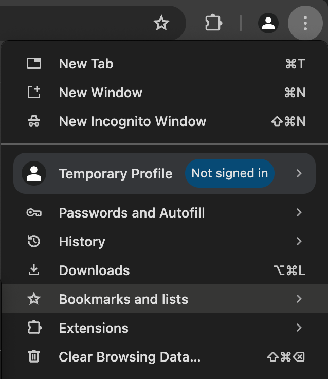 Primary menu to select bookmark settings